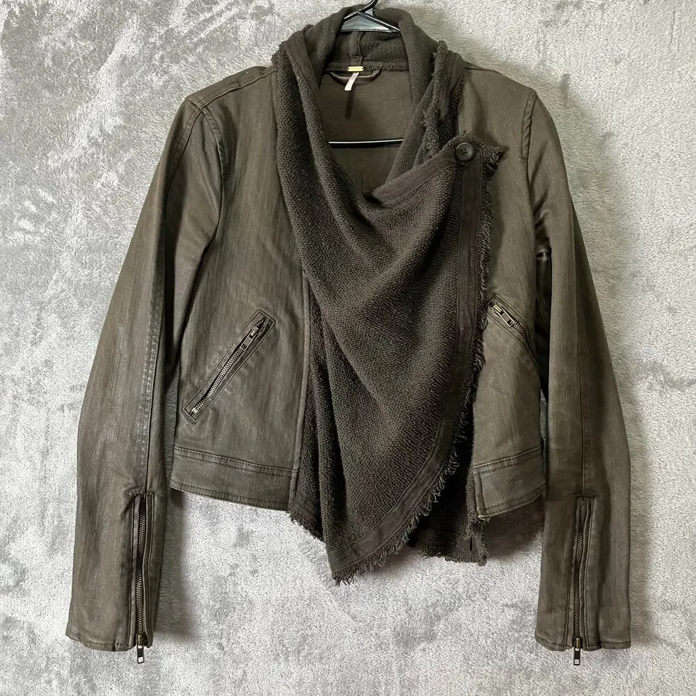 Free People Draped Scarf Collar Faux Leather Jacket Boho Grunge Biker 2‎ Green